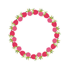 Summer berry wreath with raspberry and foliage. Summer frame of pink berries and leaves. Decoration element for cards and seasonal decor, menu, recipe. Vector flat illustration.