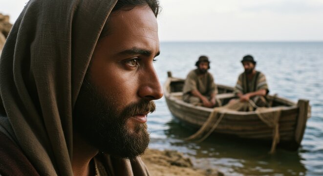 A man with a beard looking towards a boat with two men on the water. Biblical scene with Jesus Christ near a fishing boat.