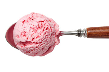 Strawberry ice cream scoop on spoon top view, isolated on transparent background.