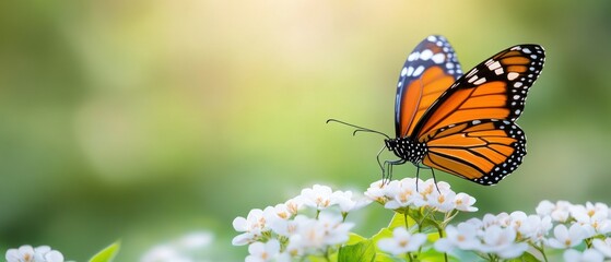 Fototapeta premium Beautiful Monarch Butterfly Perched on Delicate White Flowers in Nature