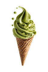 Matcha or green tea ice cream on wafer cone isolated on transparent background.
