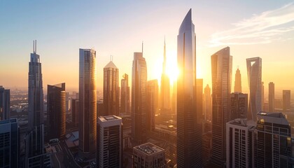 Golden sunrise bathes a dense cityscape, illuminating towering skyscrapers with warm, radiant hues.