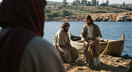 Jesus and an apostle cleaning fishing nets by their boat on a rocky shore, biblical scene from the New Testament.