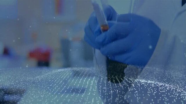 Gloved hand entering from right grabbing test tube, rotating inspecting sediment under mesh overlay