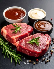 Raw Beef Steaks with Rosemary and Sauces ready for Grilling