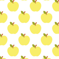 Cute yellow apple seamless pattern, background with green leaves in a simple, clean vector style.