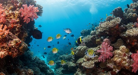 Fototapeta premium Vibrant coral reef teeming with colorful fish in a stunning underwater scene showcasing marine biodiversity and ocean life.