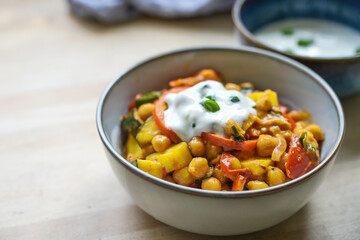 Asian curry made from chickpeas and vegetables, served in a bowl with fresh yogurt garnish, healthy vegetarian meal on a wooden table, copy space