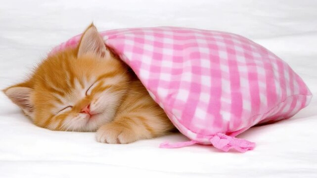 Sleeping Kitten: A close-up shot of an orange tabby kitten peacefully sleeping beneath a pink gingham pillow, radiating warmth, comfort, and a sense of tranquility. 