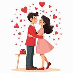 Man Kneeling to Surprise Woman with Gift on Valentine’s Day – Romantic Flat Art