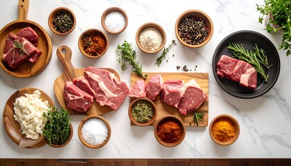 Raw meat assortment with spices and herbs on marble surface
