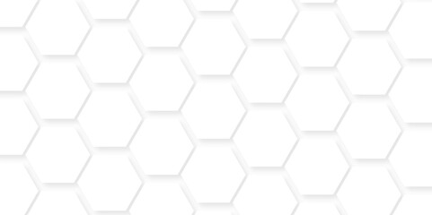 Minimal grid geometric abstract white emboss hexagons with hexagon wall polygonal pattern background vector. seamless bright white abstract honeycomb background.	
