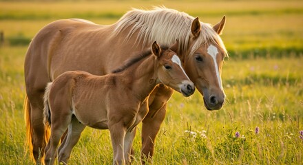 Fototapeta premium Majestic Mare and Foal Grace a Golden Meadow at Sunset Stunning equine bond nature photography