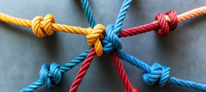 Intertwined colorful ropes forming knots on a gray background