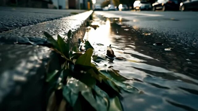 A close-up view of leaves floating in a puddle along a city curb, with blurred cars and urban scenery in the background during golden hour - street gutter