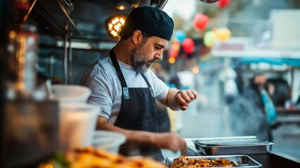 Working inside a food truck, the chef looks at his wrist, perhaps checking the time, surrounded by the vibrant, bustling scene of the event.