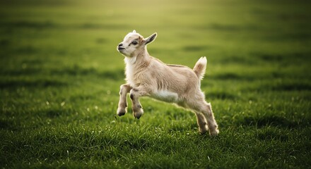 Obraz premium Adorable baby goat leaping playfully in a lush green pasture enjoying springtime freedom