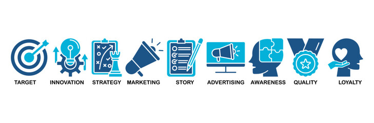 Branding icon set vector illustration concept with icon of target, innovation, strategy, marketing, story, advertising, awareness, quality and loyalty