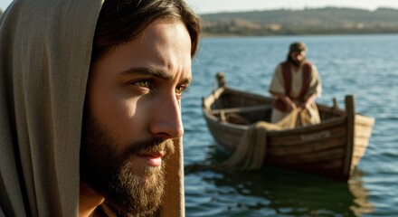 Jesus looking contemplative by a lake with a fisherman in a boat. Christian and biblical scene for religious art.