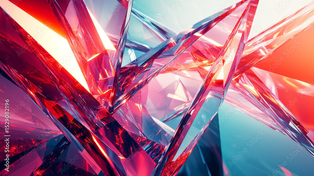 Poster abstract geometric shapes with sharp angles and a glowing center, creating a dynamic and energetic c