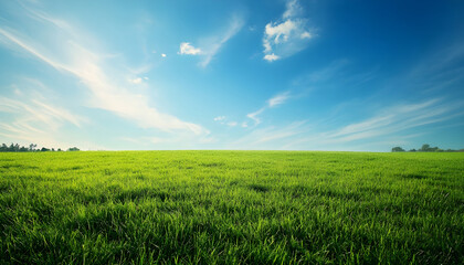 Green grass field with sky extending into empty space