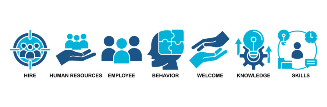 Onboarding icon set vector illustration concept for human resources business industry to introduce newly hired employee into an organization with behavior, welcome, knowledge, and skills icon