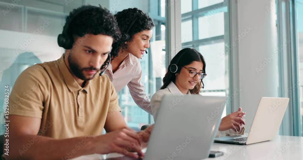 Poster call center, training and people in office on laptop for online consulting, contact and feedback. pr