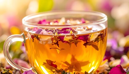 Rose tea in a clear glass cup filled with flower petals closeup