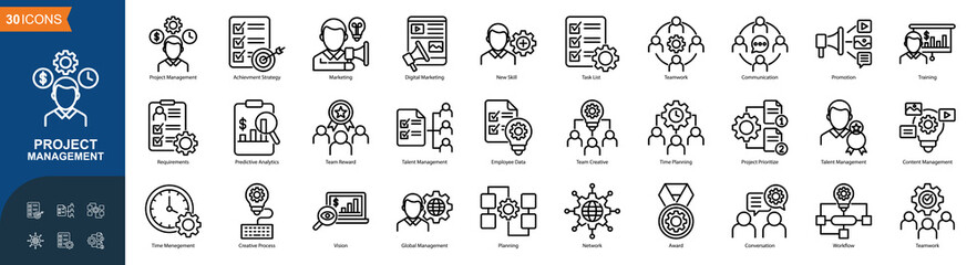 Project Management icon collection line style, Project Management, Achievement Strategy, Marketing, Digital Marketing, New Skill, Task List, Teamwork, Communication, Vector illustration © kliwir art
