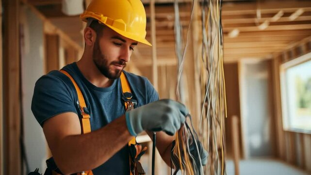 An electrician, wearing a hard hat and gloves, carefully works with electrical wires during the construction of a new house, ensuring safe wiring practices.