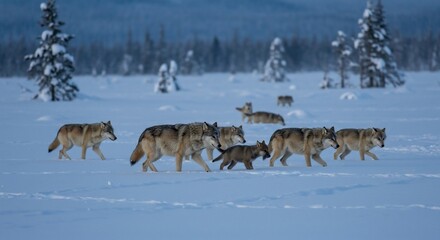 Naklejka premium Majestic wolf pack traversing a pristine snowy landscape under a serene winter sky.