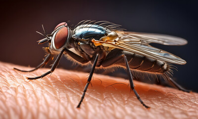 Obraz premium macro shot of a housefly crawling on human skin
