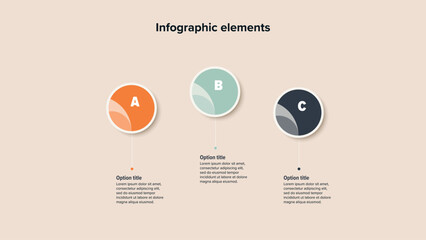 Business process chart infographics with 3 step circles. Round workflow graphic elements. Company flowchart presentation slide. Vector info graphic in flat design