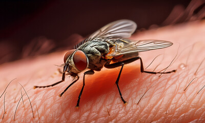 Obraz premium macro shot of a housefly crawling on human skin