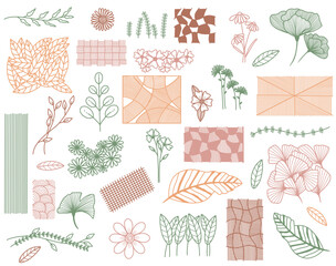 Set of cute doodle flowers, leaves and design style. Vector illustration for background and elements design.