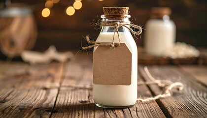Rustic Milk Bottle with Tag on Wooden Table for Farm Fresh Concept