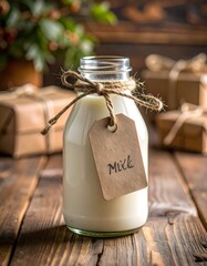 Rustic milk bottle with tag and twine on wooden table with gifts