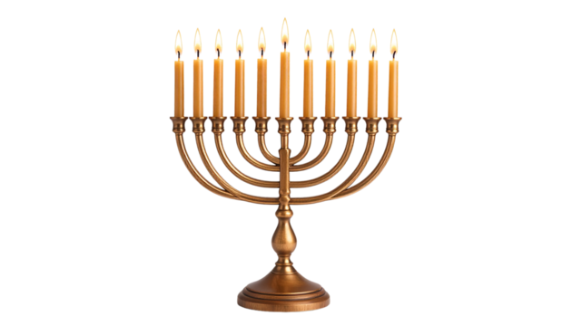 Ornate Wooden Menorah with Lit Amber Candles Festive Hanukkah Decoration isolated on solid white  background