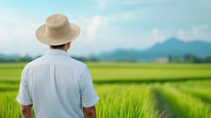 Farmer Observing Lush Green Rice Field under Clear Blue Sky in Daylight