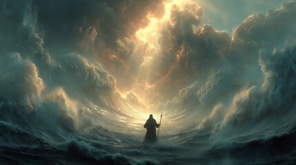 Moses parts the Red Sea with divine light illuminating the magnificent waves during a miraculous moment in history