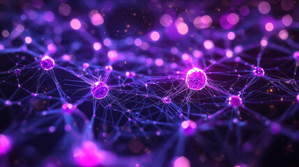 Glowing purple neural network with interconnected nodes and synapses, illustrating brain communication, AI, and digital technology