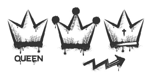 Spray paint graffiti element set of grunge crown with grungy texture. Grunge aesthetic ink graphic symbols of ROYAL CROWN,KING,QUEEN isolated on white background for printing on tee
