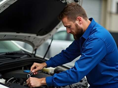 Man performing car engine repair with wrench in blue outfit illustration