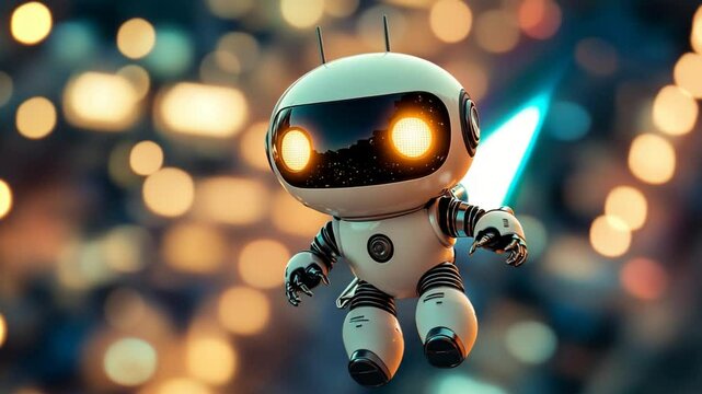 Cute robot, floating in the city lights, with a glowing jetpack