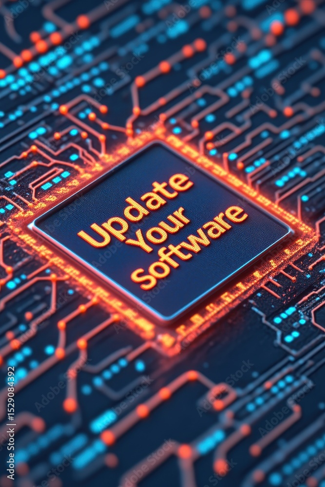 Poster circuit board with update your software on processor emphasizing cybersecurity awareness featuring i