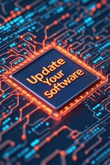 Circuit board with Update Your Software on processor emphasizing cybersecurity awareness featuring interconnected orange and blue glowing pathways