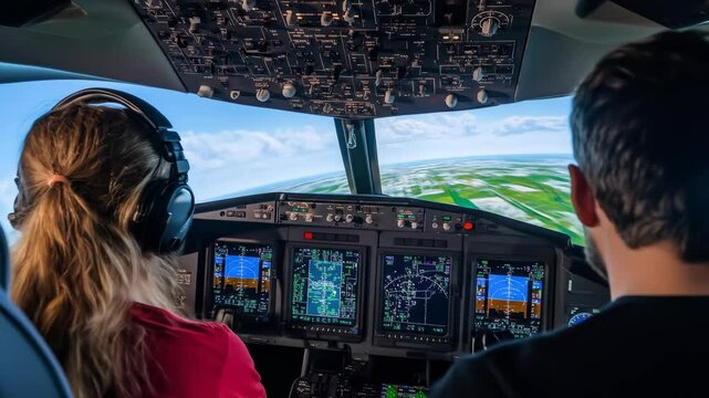 A woman pilots an airplane in a flight simulator, working with a man in the cockpit, while seeing flight instrument displays and bright skies.
