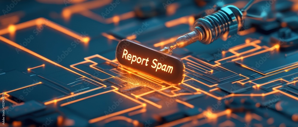 Poster button shows report spam on glowing circuit board with connection tool. data security. network. digi