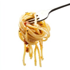 Cooked carbonara spaghetti with fork pasta food photography.