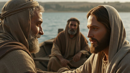 Jesus Christ and an apostle talking on the water. Biblical scene with men in ancient robes. Religious concept.